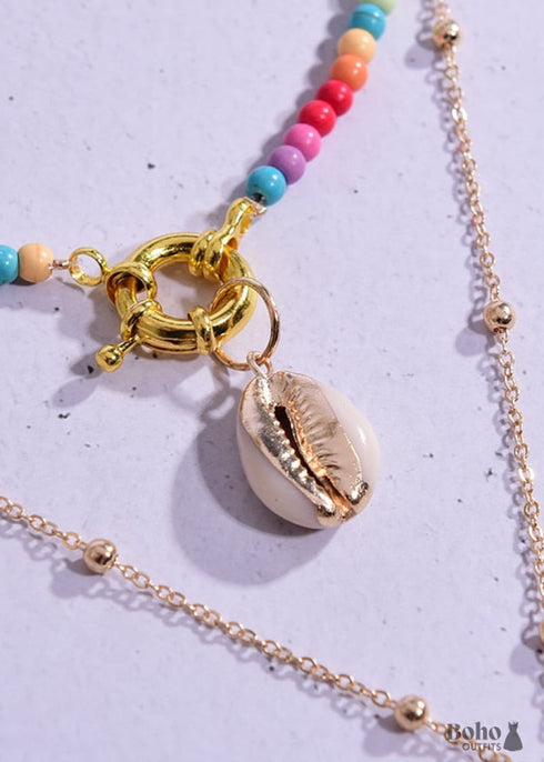 Boho Necklace, Seed Bead Choker, 2 Layers Cross & Shell